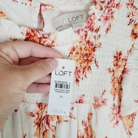 LOFT FLORAL SMOCKED RUFFLE FLARE DRESS, SZ MEDIUM - Picture 8 of 15